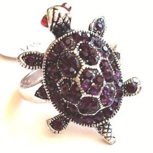 Silver Sea Turtle Ring Size 9 Purple Crystal Nautical Plated Island Beach Cute